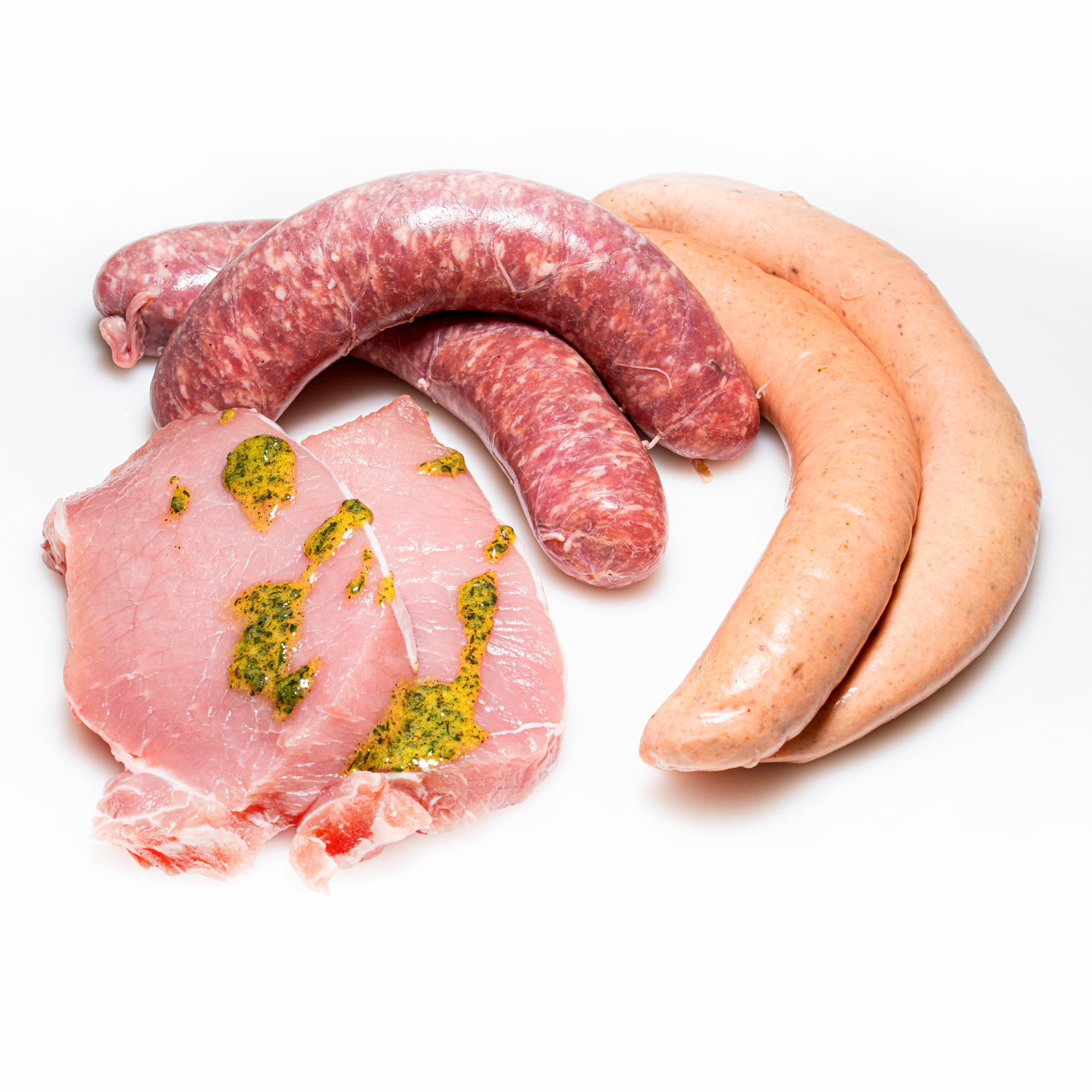 Grillfleisch-Paket mit 2x Roster, 2x Bratwurst und 2x marinierten Schweinerückensteaks
