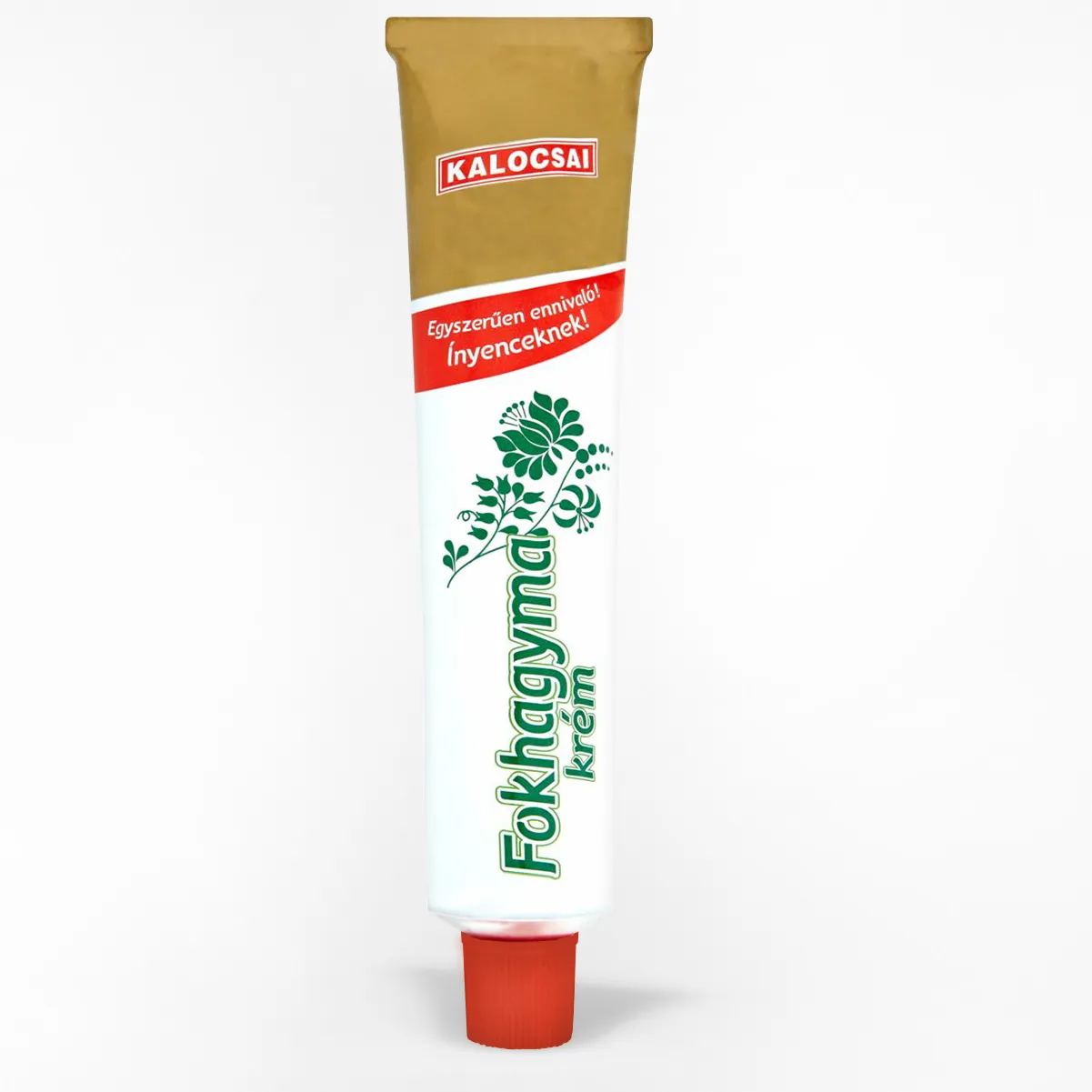 Kalocsai ungarische Knoblauchcreme Tube auf weißem Hintergrund.